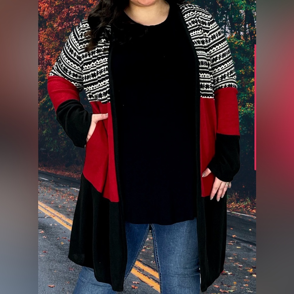 Plus Size Multicolor Long Cardigan- Black, White and Red 3X